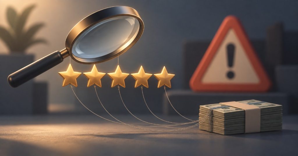 Lupa nad hvězdičkami hodnocení propojenými nitkami s penězi jako symbol zavádějících recenzí