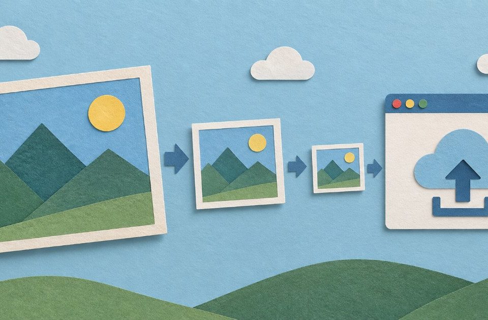 Papírová koláž zmenšující se fotografie s horami před nahráním do cloudu