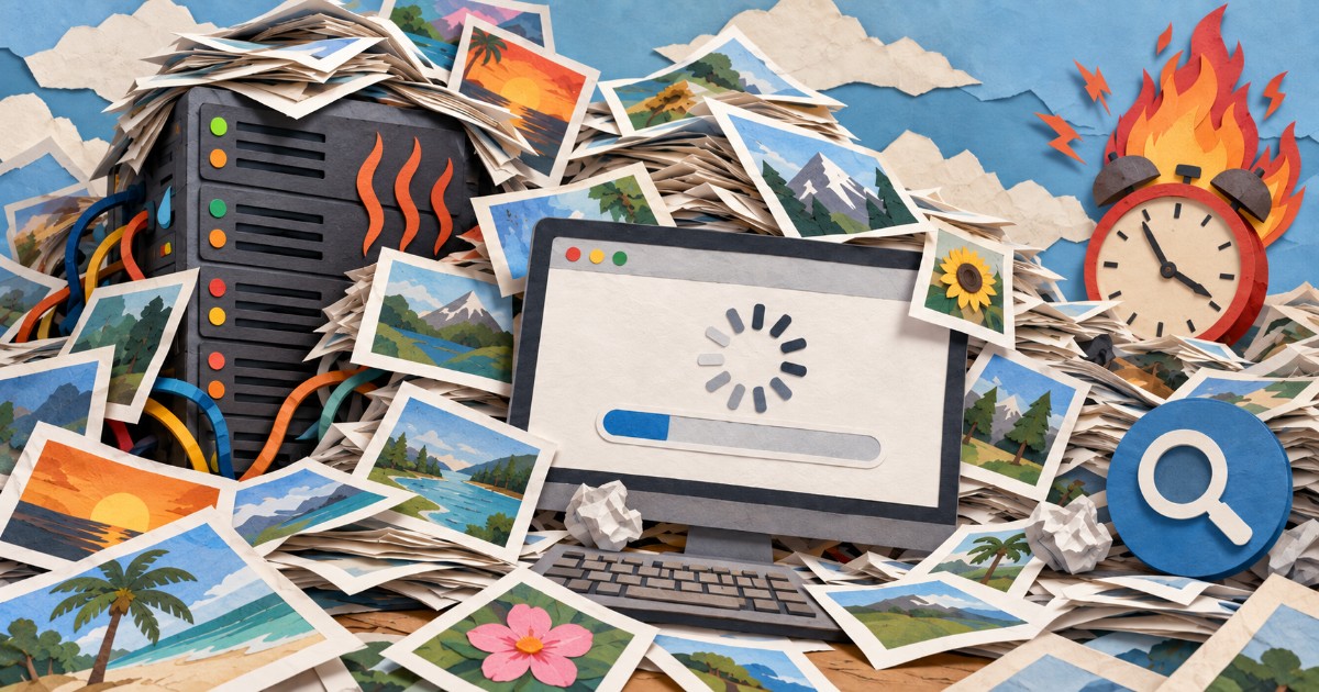 Papírová koláž hromady fotografií zpomalujících přetížený server a web