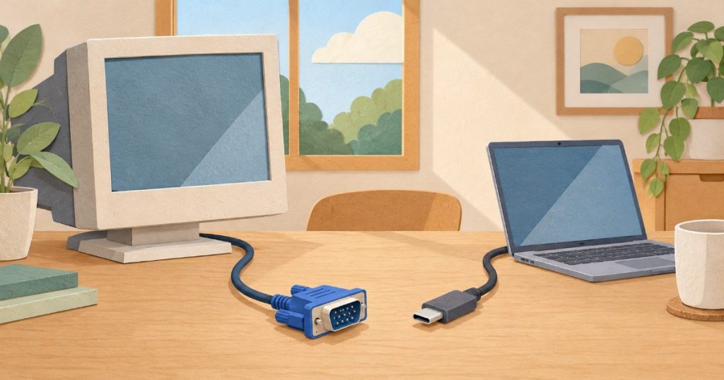 Starý monitor a notebook na stole s dvěma nepasujícími konci kabelů